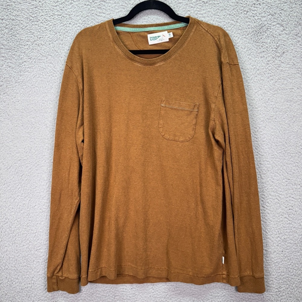 Wellen Tshirt Mens XL Brown Long Sleeve Hemp Blend Crew Basic Pocket Tee Outdoor
